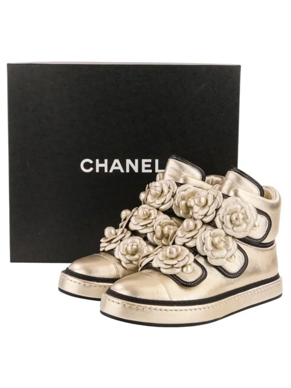 Chanel Camellia Faux Pearl CC Logo High Top Sneakers Gold Colored